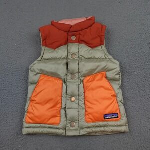 Patagonia Kids Down Bivy Vest 3T Green Orange Puffer Snap Insulated 61375